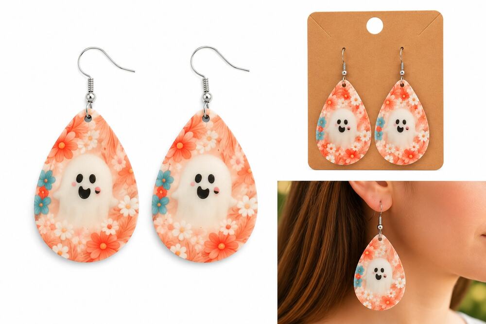 Cute Floral Ghost Teardrop Earrings – Lightweight Halloween Dangle Earrings